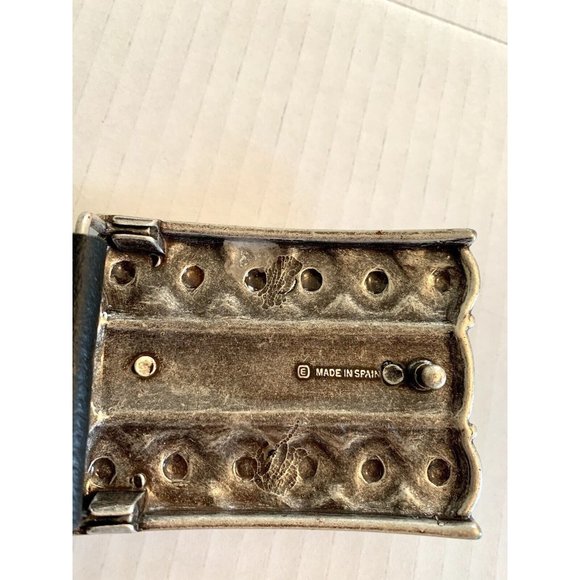 women’s black leather belt with silver embossed buckle made in Spain. - Picture 6 of 10